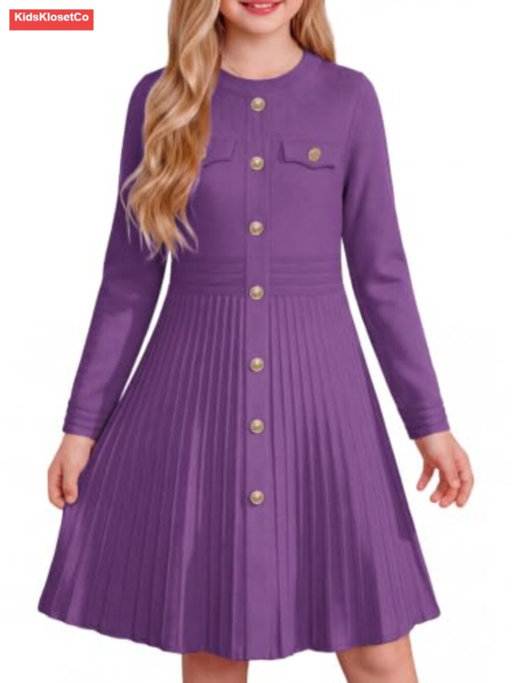 Girls Long Sleeve Knit Sweater Dress Pleated A-Line Midi Fall Winter 5-14Y